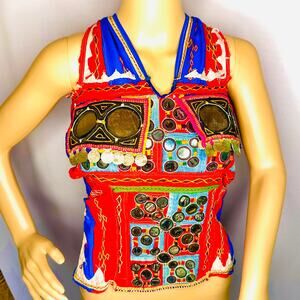 Vintage Tribal Coin Mirror Top – Embroidered Festival Statement Vest